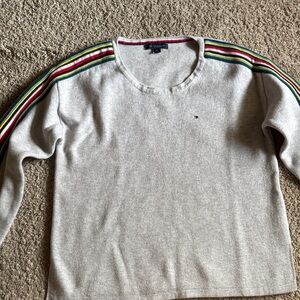 Tommy Hilfiger Cream Crewneck Sweater with Rainbow Shoulder Stripes